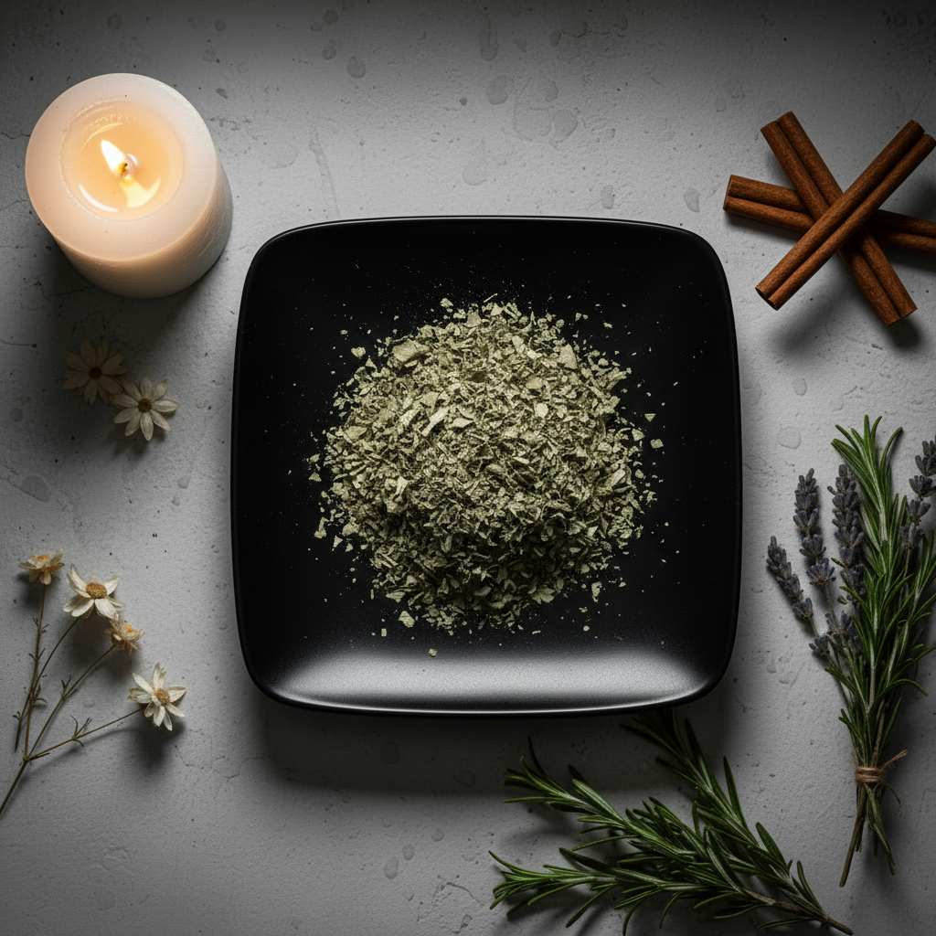 Cut and sifted dried mullein leaf on black plate with herbs, candle and flowers flat lay