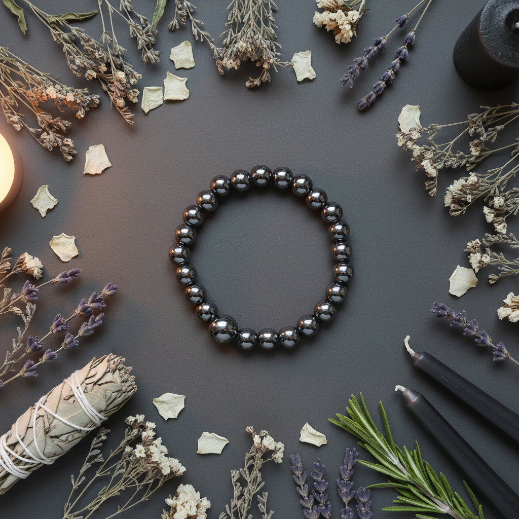 Hematite bracelet flat lay with silver botanicals, white petals, sage bundle and dark candles on dark charcoal background