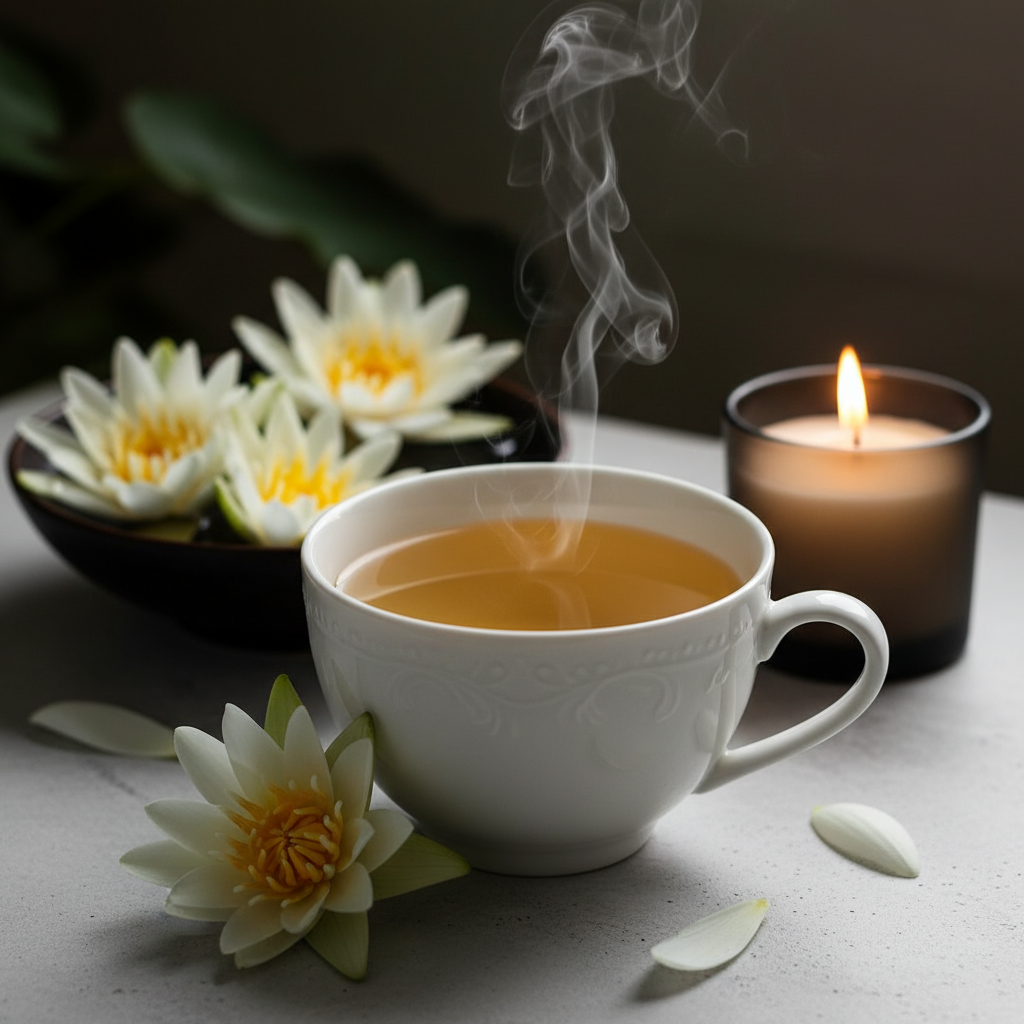 Steaming cup of White Egyptian Lotus herbal tea with lotus flowers and candle