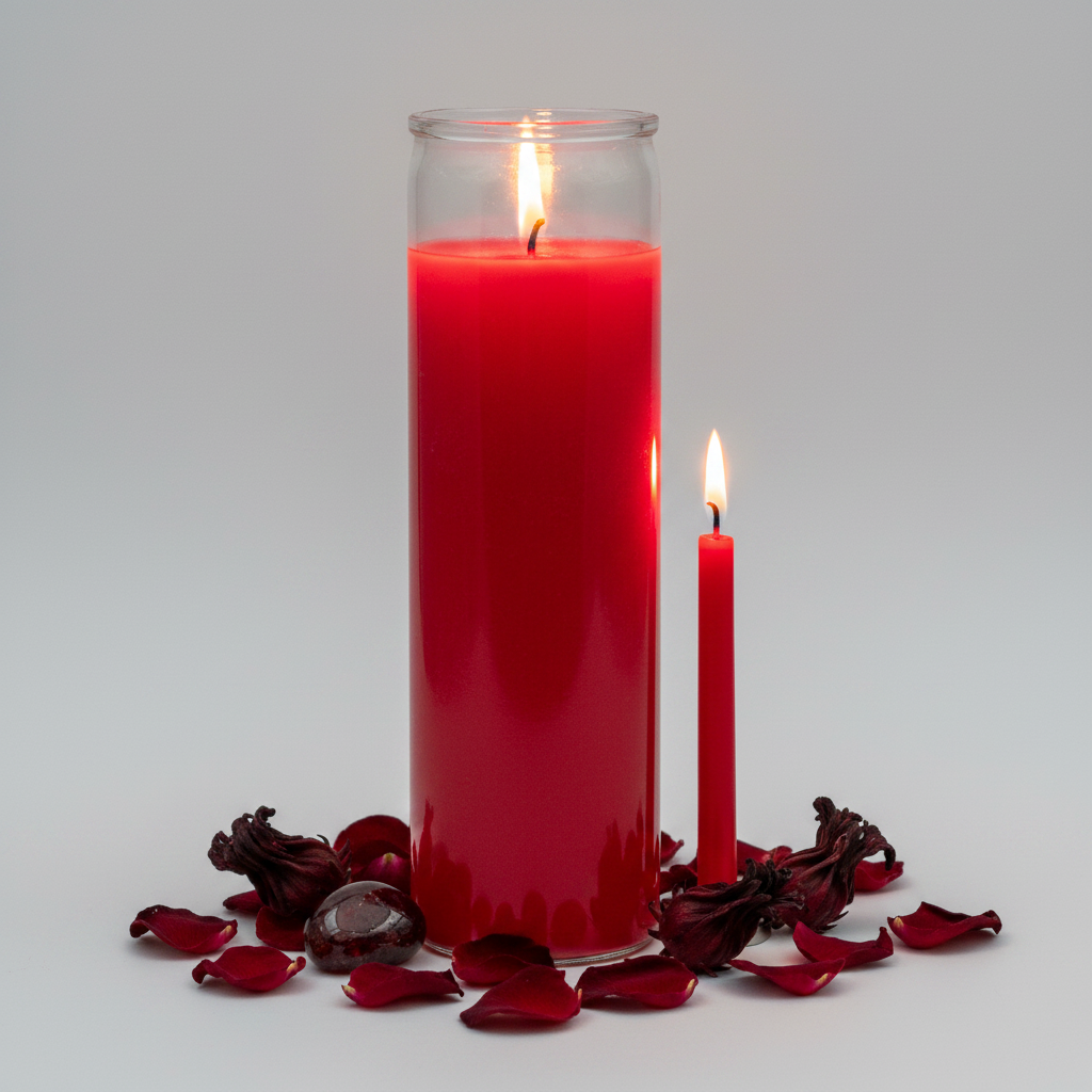 Red 7 day glass jar candle standing upright with dried rose petals, red jasper crystal and hibiscus flowers on light grey background