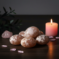 Cluster of flower agate tumbled stones showing soft peachy pink with white chalcedony floral plume inclusions on light grey background