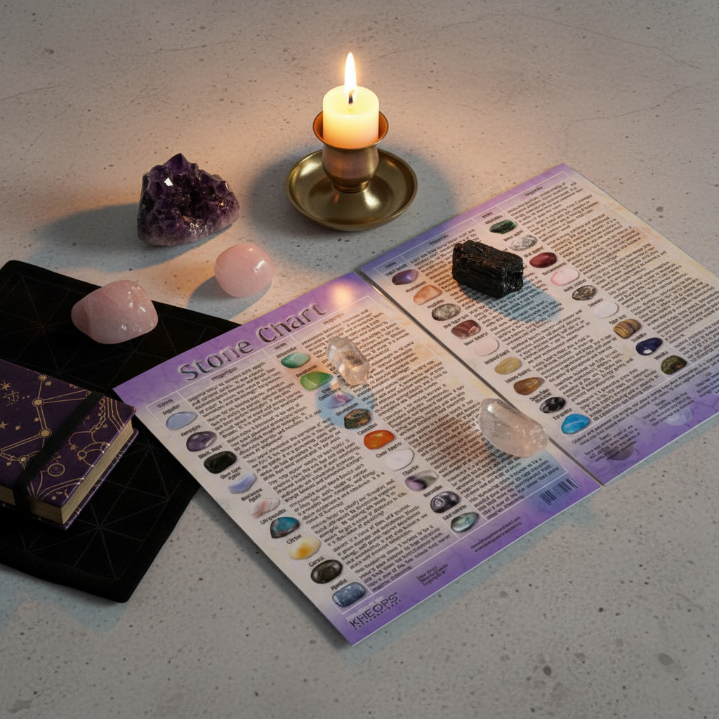 Crystal stone chart laid open with assorted tumbled crystals arranged around it for reference use