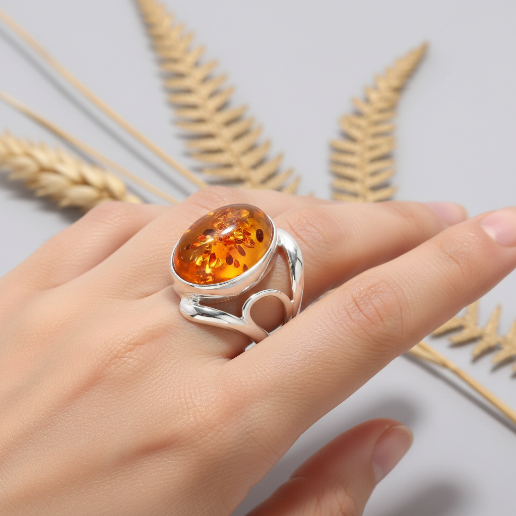 Hand wearing sunset amber oval ring close-up with fiery translucent amber inclusions and flowing silver band in warm light