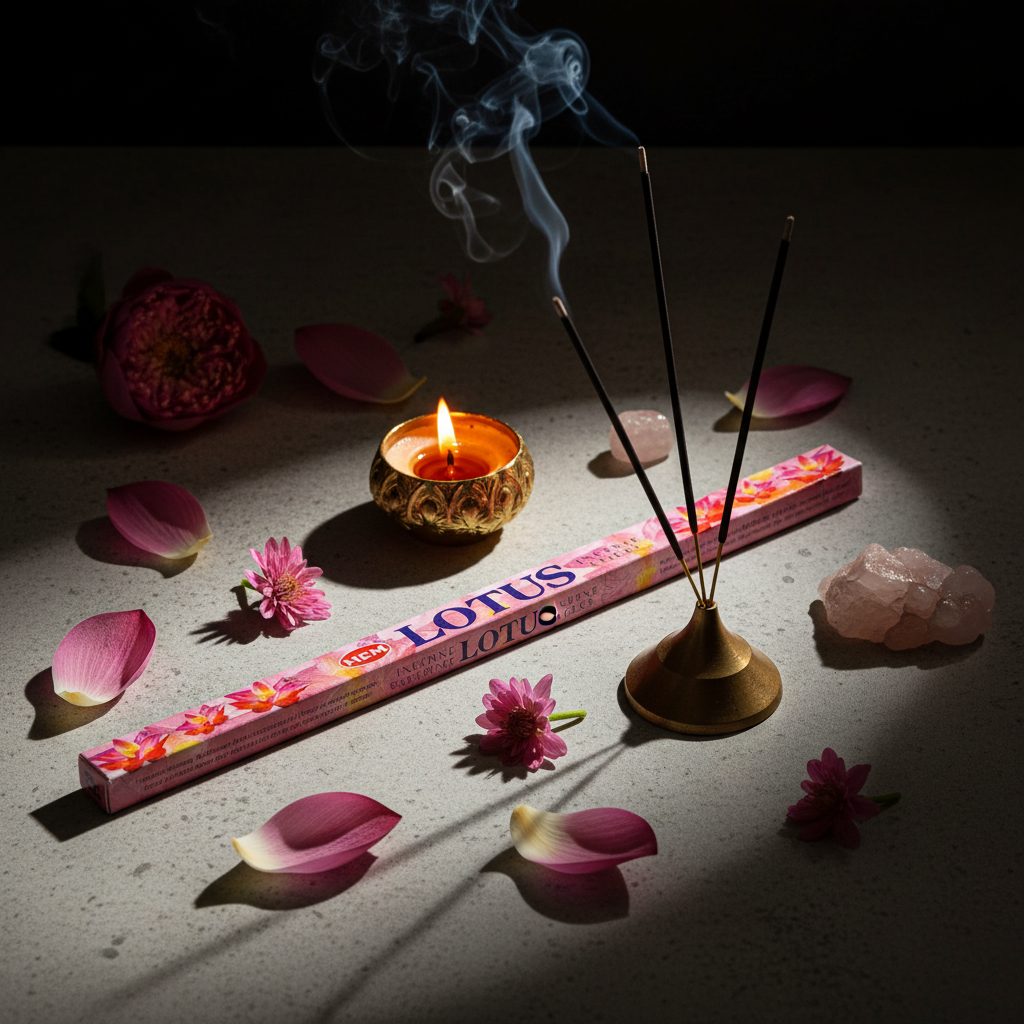 HEM Lotus incense lifestyle shot - burning sticks with smoke, pink flowers and rose quartz