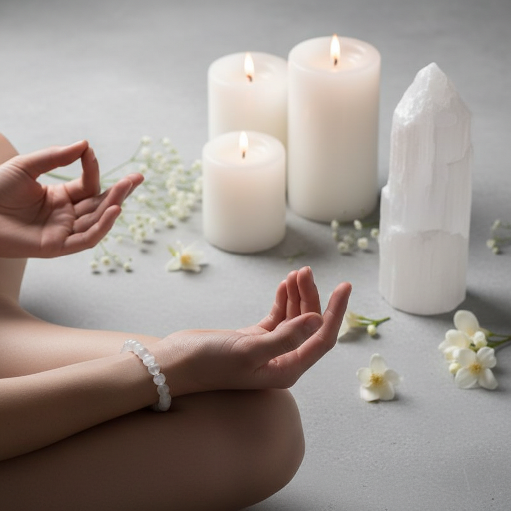 Hands in meditation pose wearing selenite beaded bracelet with crystals and candles