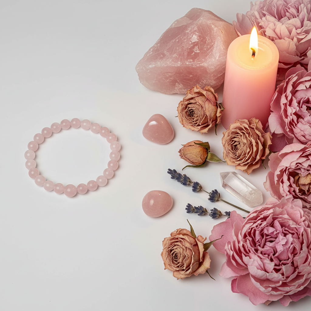 Rose Quartz 8mm beaded stretch bracelet with raw rose quartz, dried pink roses and lavender on light grey background