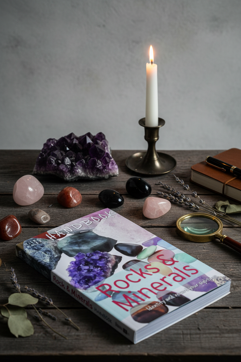 Rocks & Minerals Handbook lifestyle shot with crystal collection