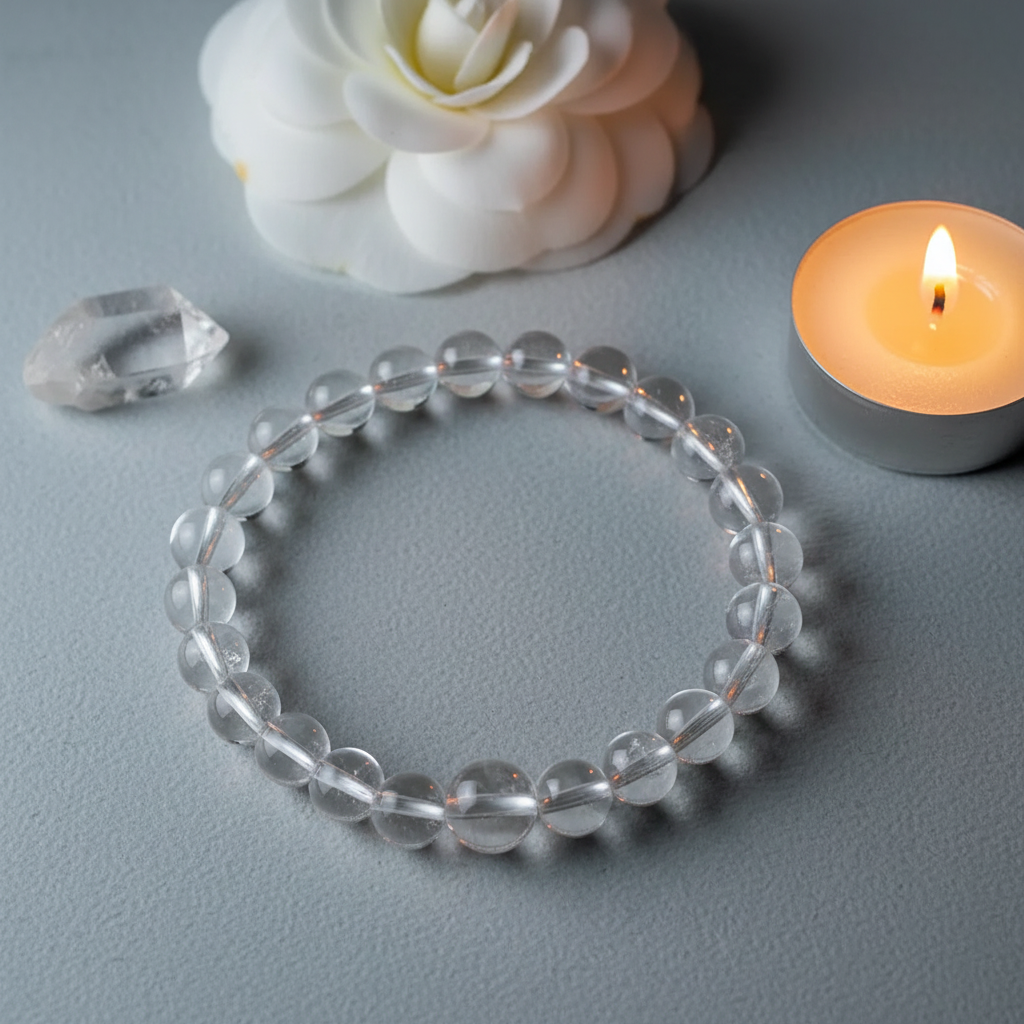 Clear quartz beaded bracelet in circle showing glassy transparent 8mm beads with light refractions on light grey background