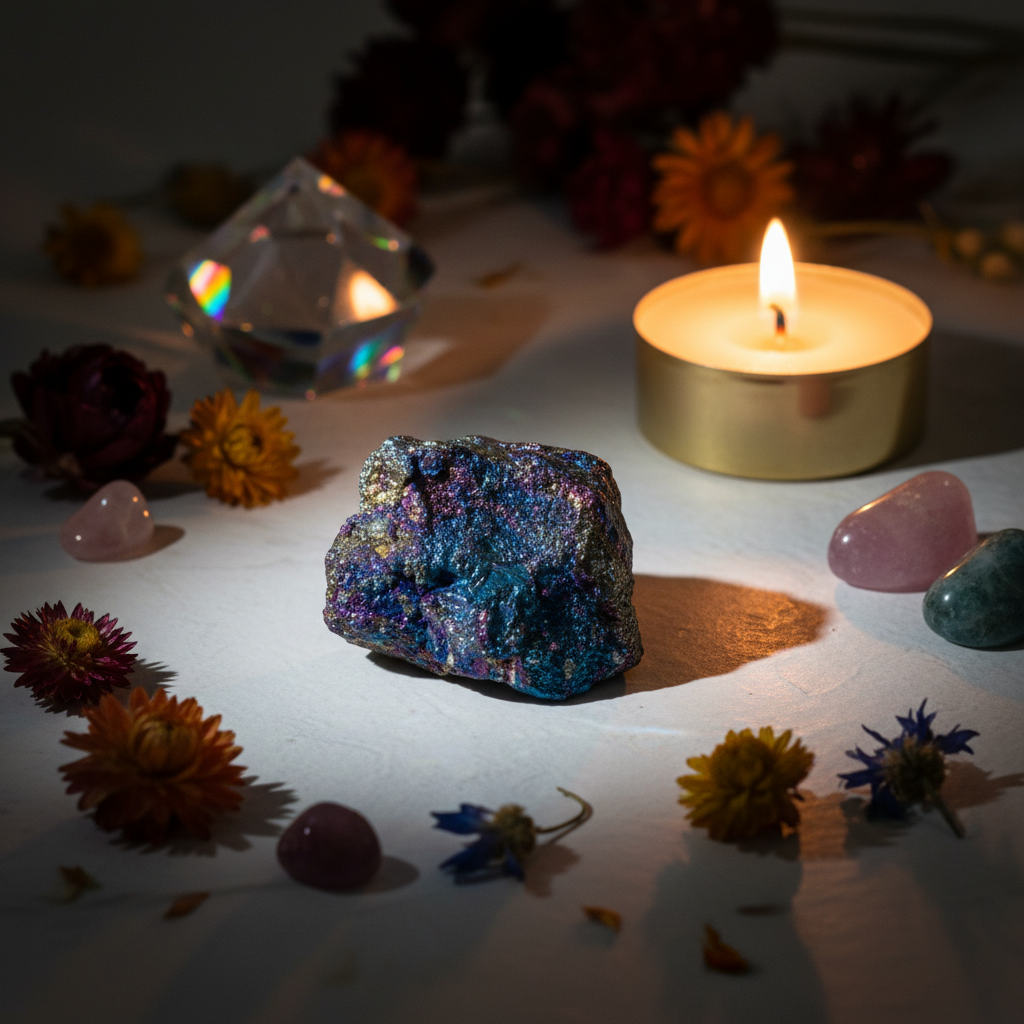 Single raw peacock ore crystal with rainbow iridescent surface and colorful props