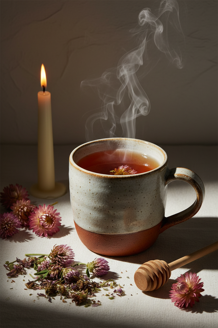 Red Clover Blossoms steaming tea cup lifestyle shot