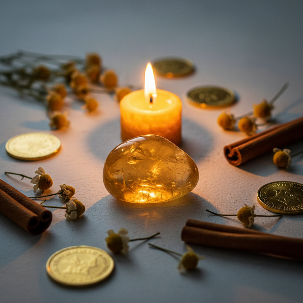 Single citrine tumbled stone with gold coins, chamomile flowers and candle