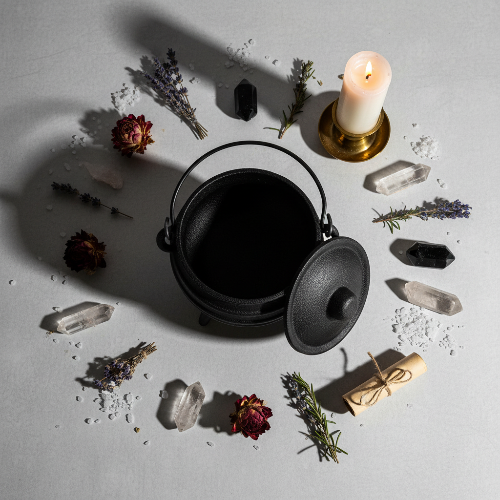 Flat lay of black cast iron cauldron with herbs, crystals, candle and petition paper on light grey background