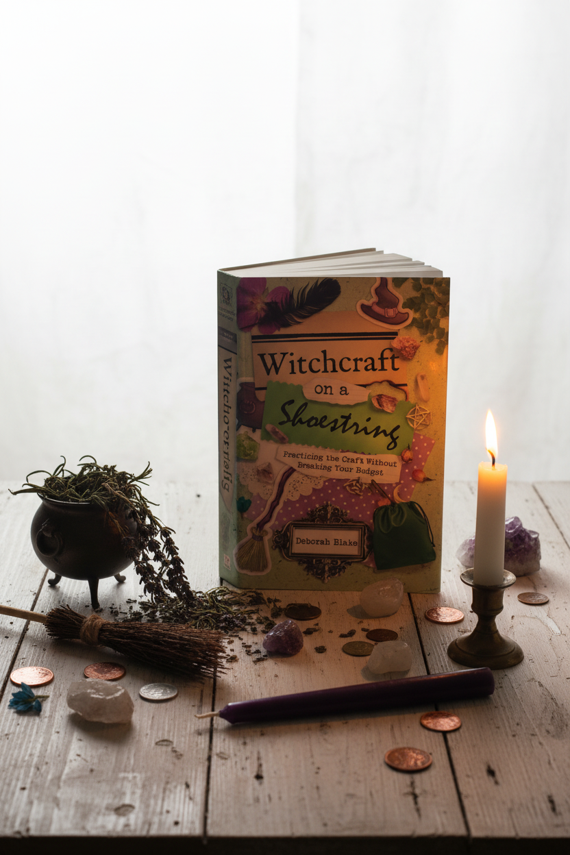 Witchcraft on a Shoestring lifestyle shot with herbs, broom, pouch and candlelight