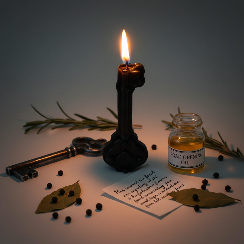 Lit black key figure candle with antique skeleton key, herbs, petition paper and road opening oil