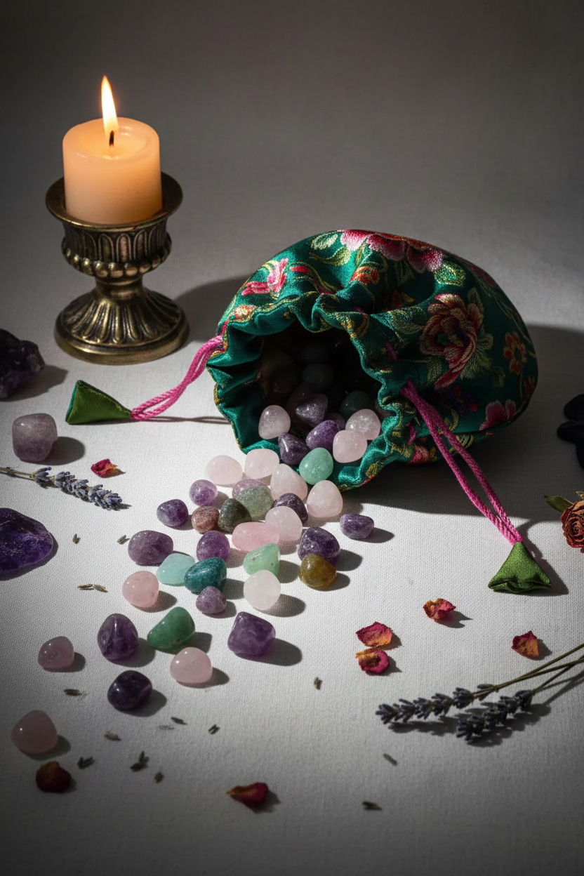 Embroidered silk crystal pouch lifestyle shot open with crystals spilling out in candlelight