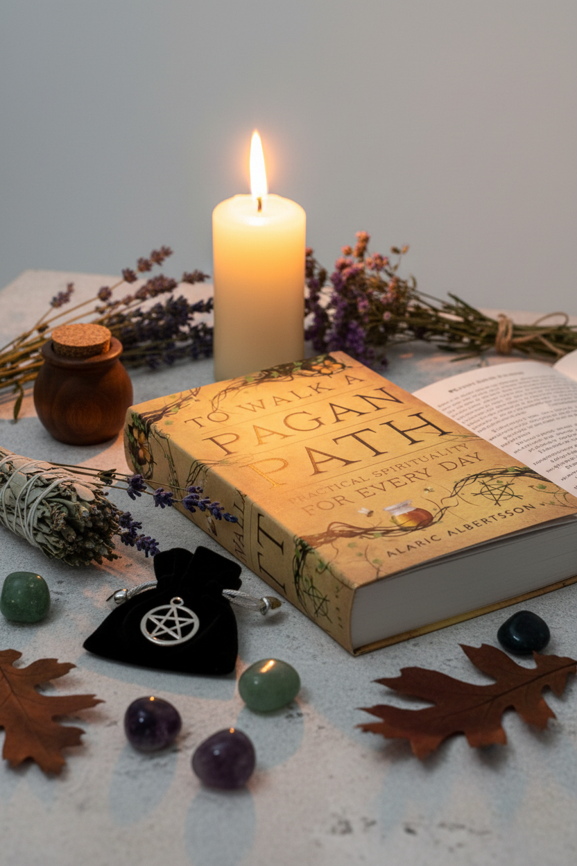 To Walk a Pagan Path lifestyle shot with wildflowers, honey pot and candlelight