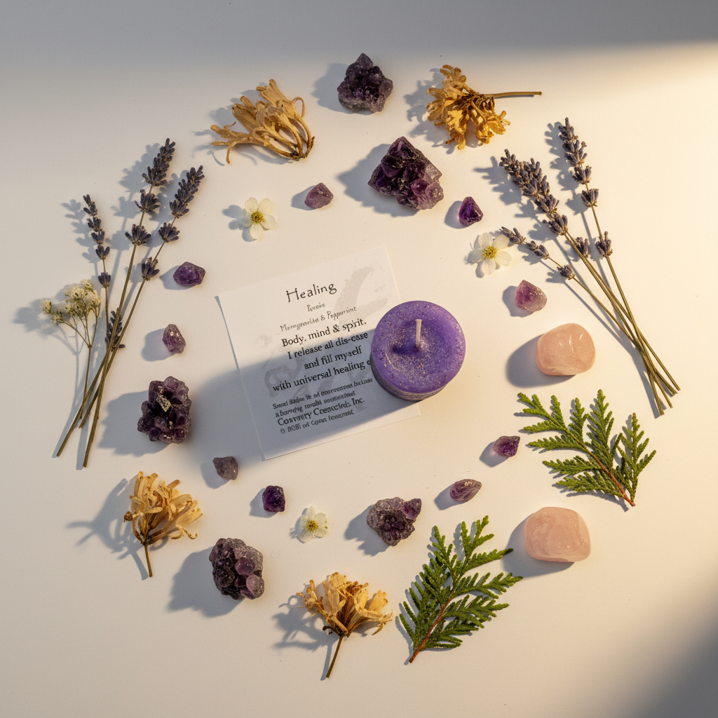 Flat lay of purple healing votive candle with lavender, rose quartz and cedar props