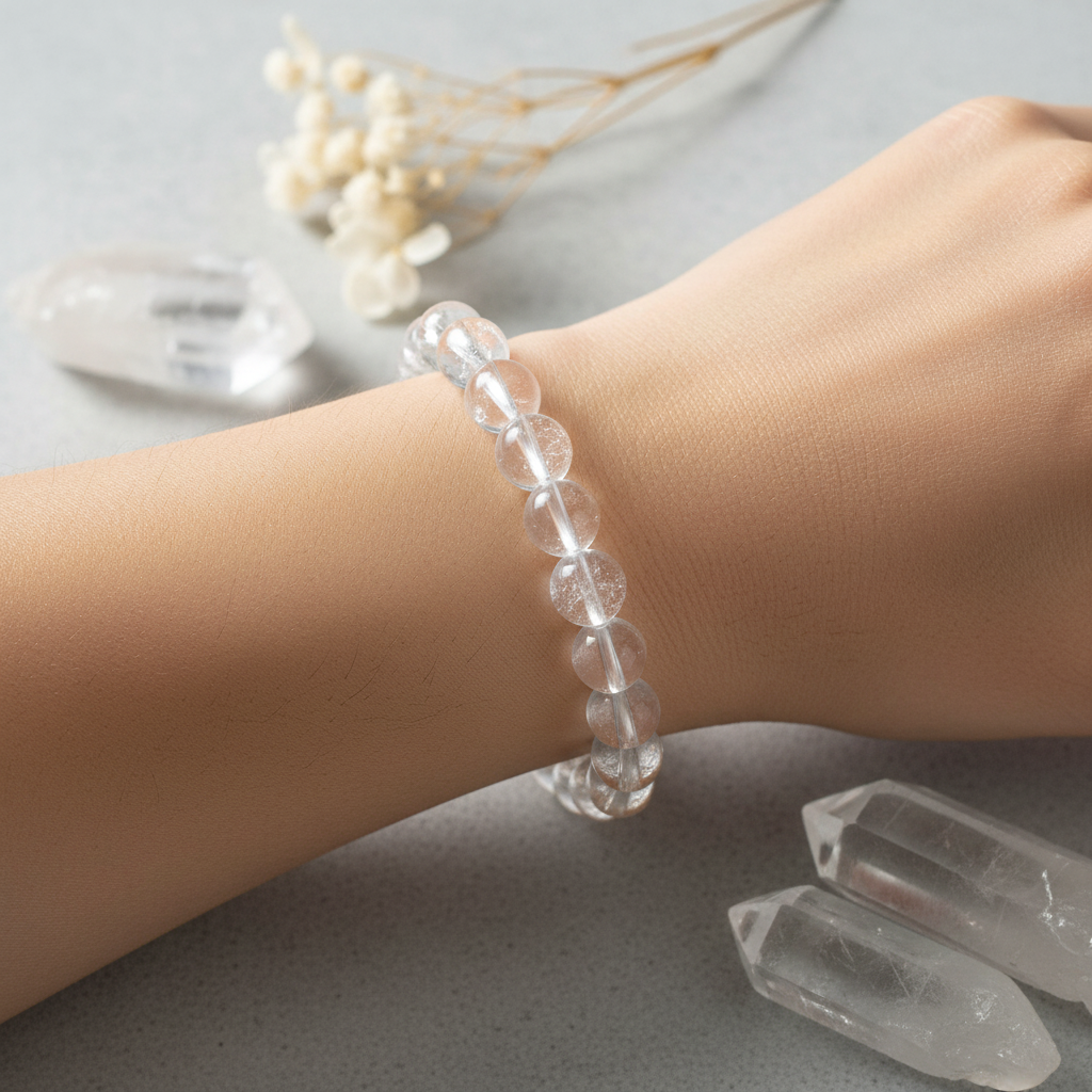 Large clear quartz beaded bracelet worn on wrist showing transparent glassy 10mm beads in soft atmospheric light