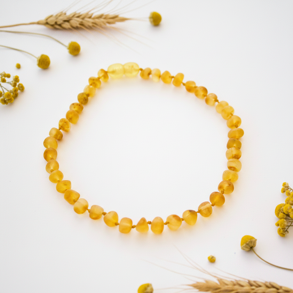 Raw gold Baltic amber necklace with warm golden-yellow matte round beads draped in elegant loop on light grey background