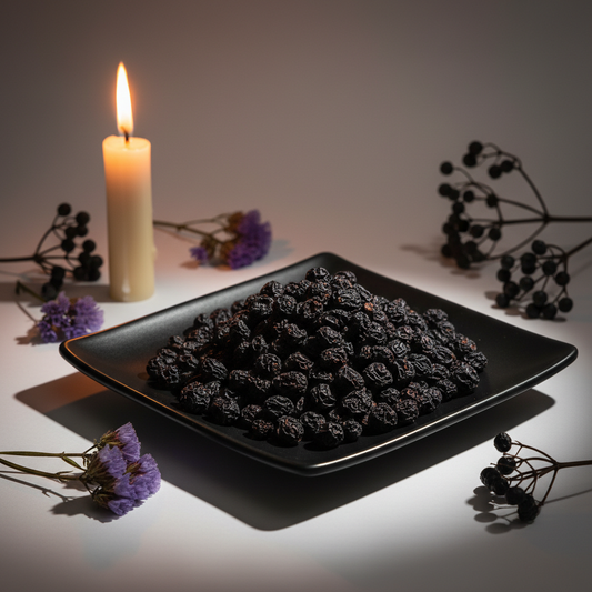 Elderberries hero shot on black ceramic plate