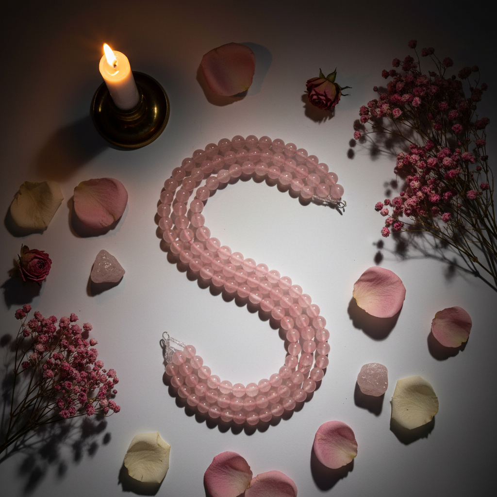 Rose Quartz beads flat lay with pink flowers