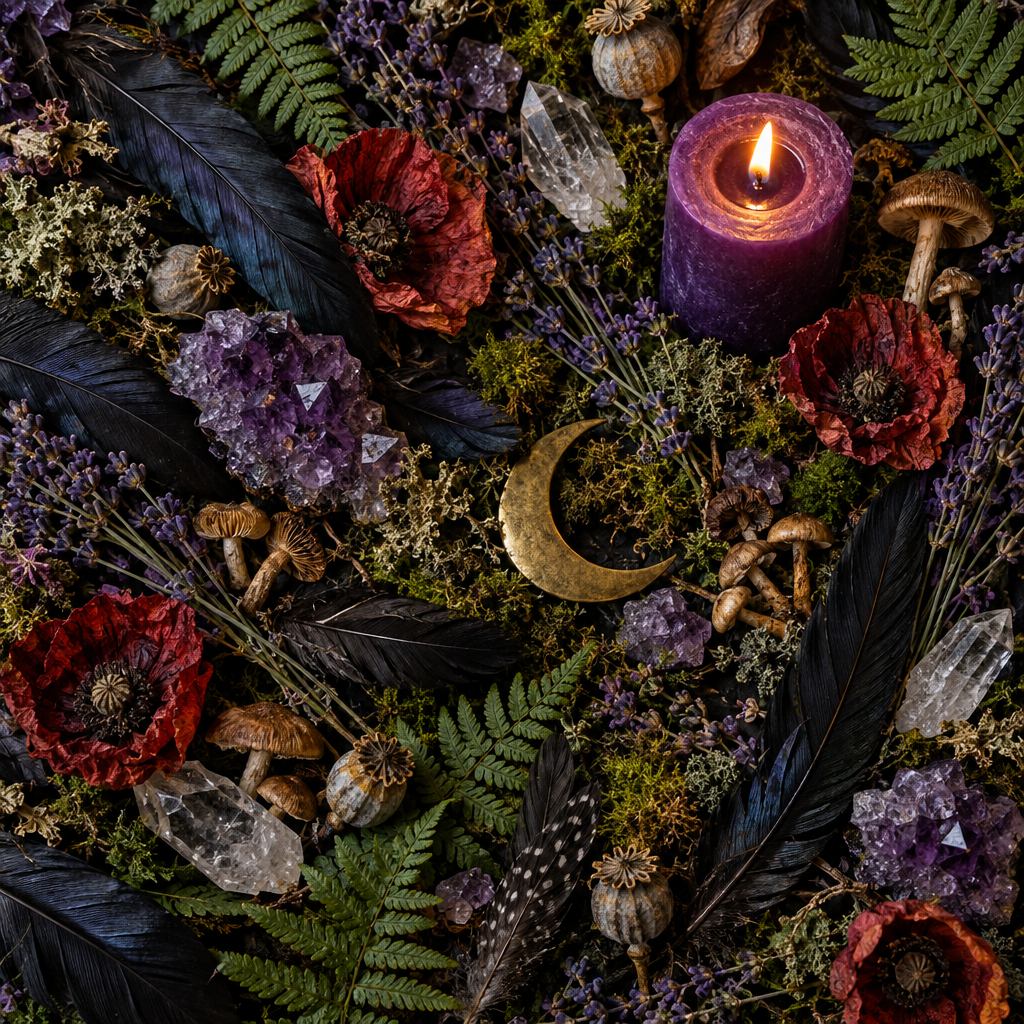 Props-only flat lay of feathers, botanicals, crystals and a purple candle on dark charcoal