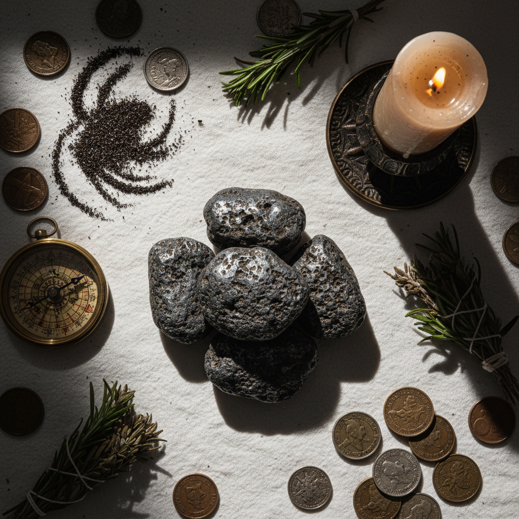 Lodestone flat lay top-down with compass, coins, herbs and candlelight