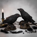Black raven figurines hero shot with red eyes
