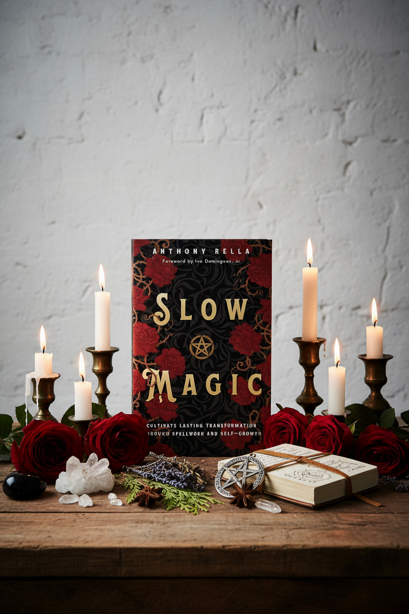 Slow Magic lifestyle shot with roses, crystals, pentacle and candlelight