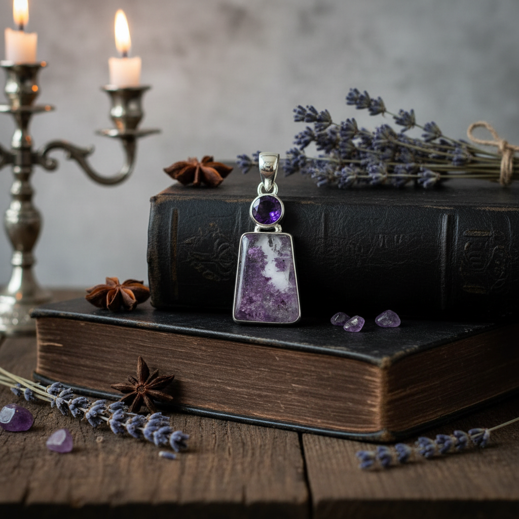 Lodolite amethyst shaman dream stone pendant draped over journal with dreamy inclusions catching warm candlelight