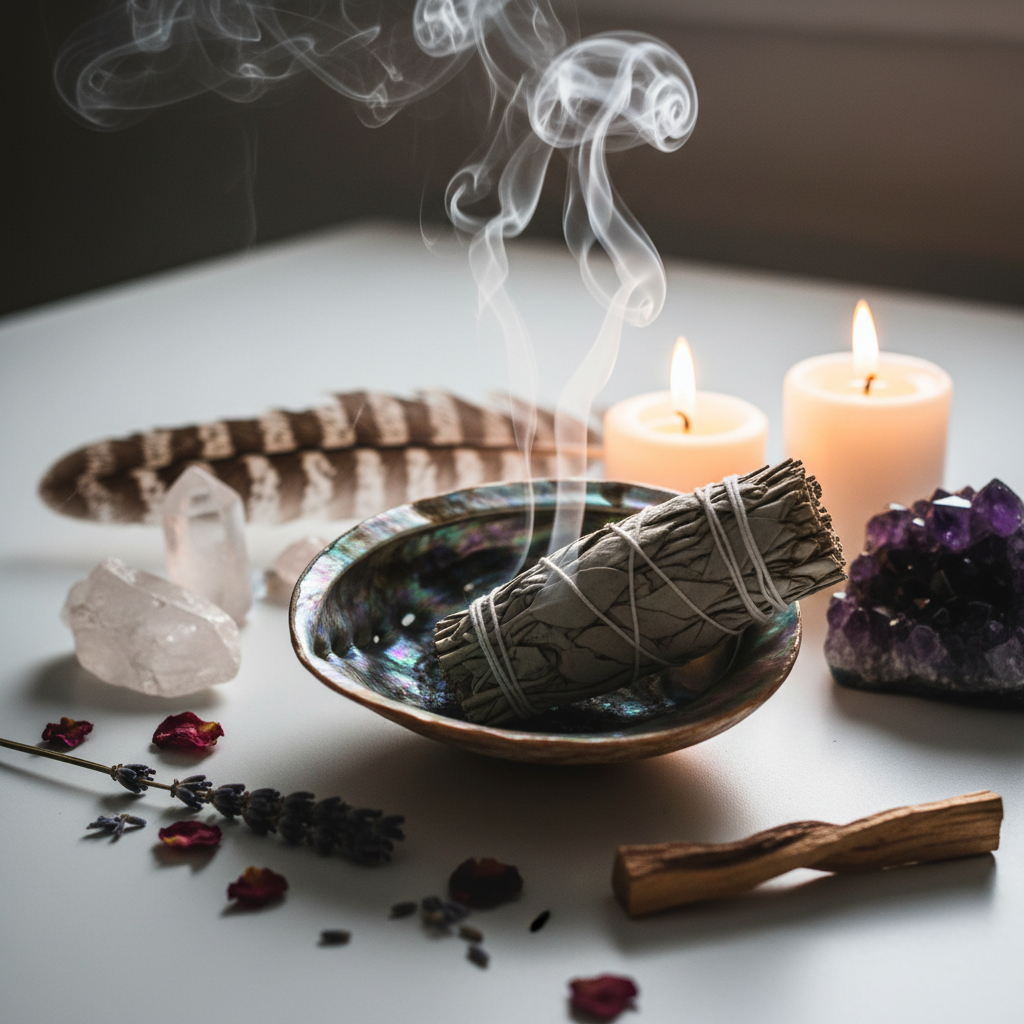 Abalone shell smudge bowl with burning white sage and smoke, feather and crystal props
