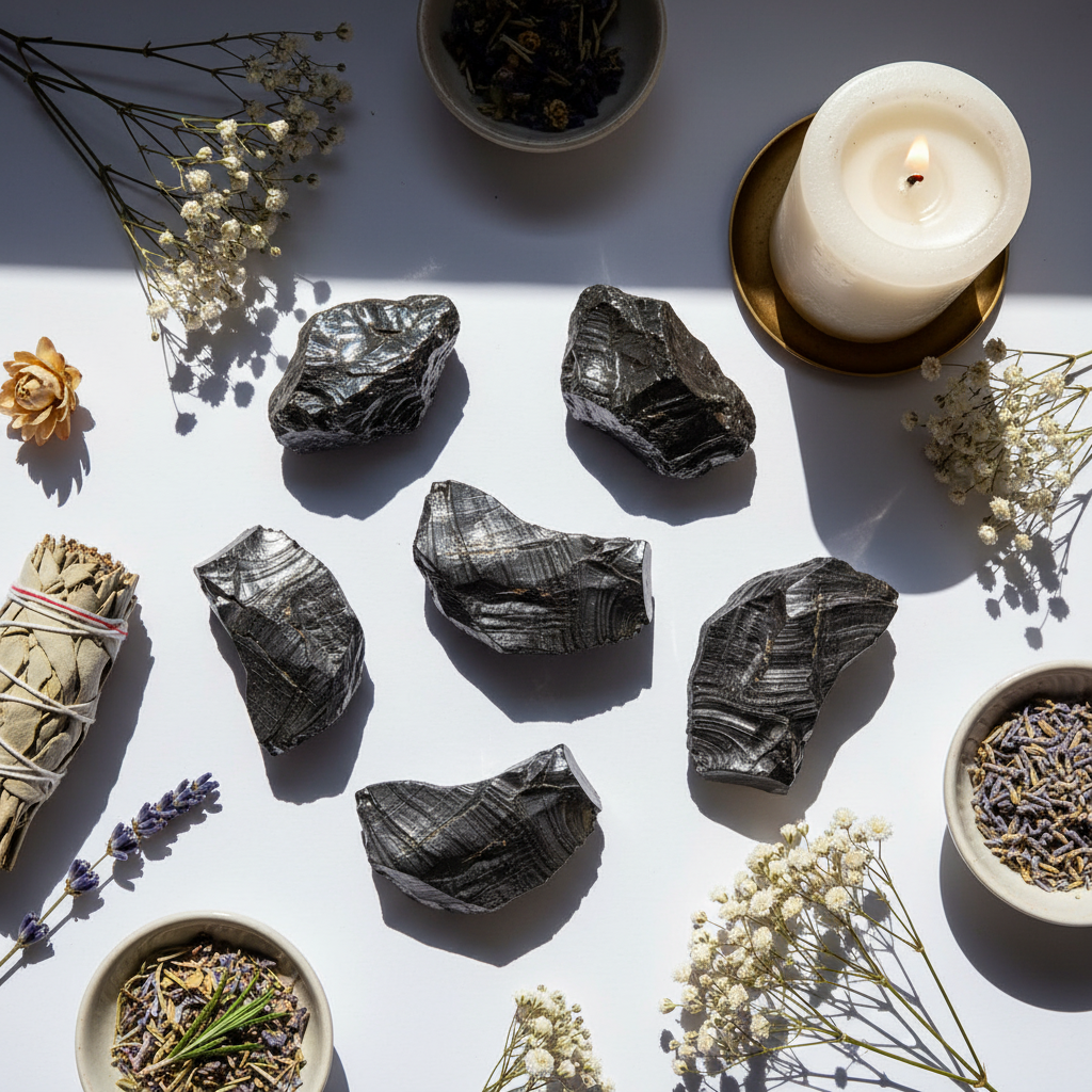 Raw Shungite crystals flat lay with sage, white flowers and candle