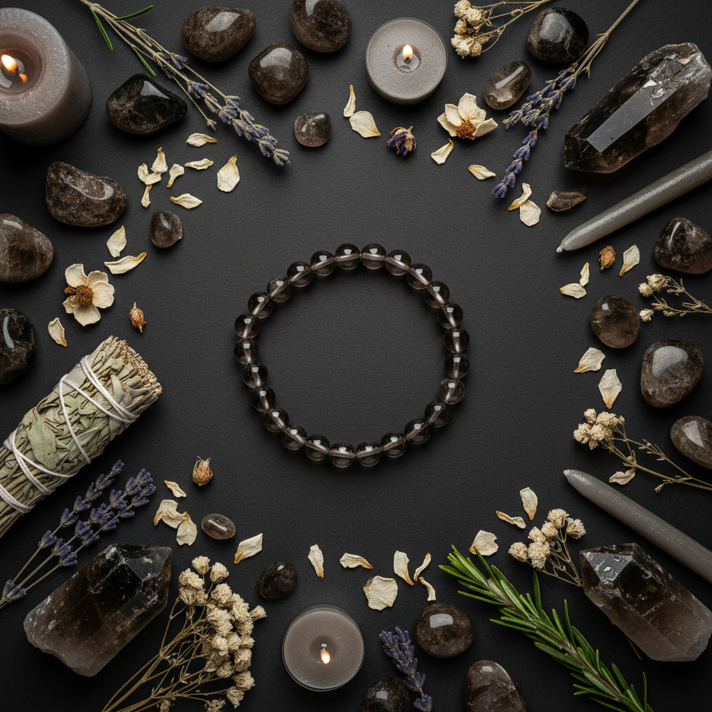 Smoky Quartz bracelet flat lay with raw quartz points, sage bundle, grey petals and candles on dark charcoal background