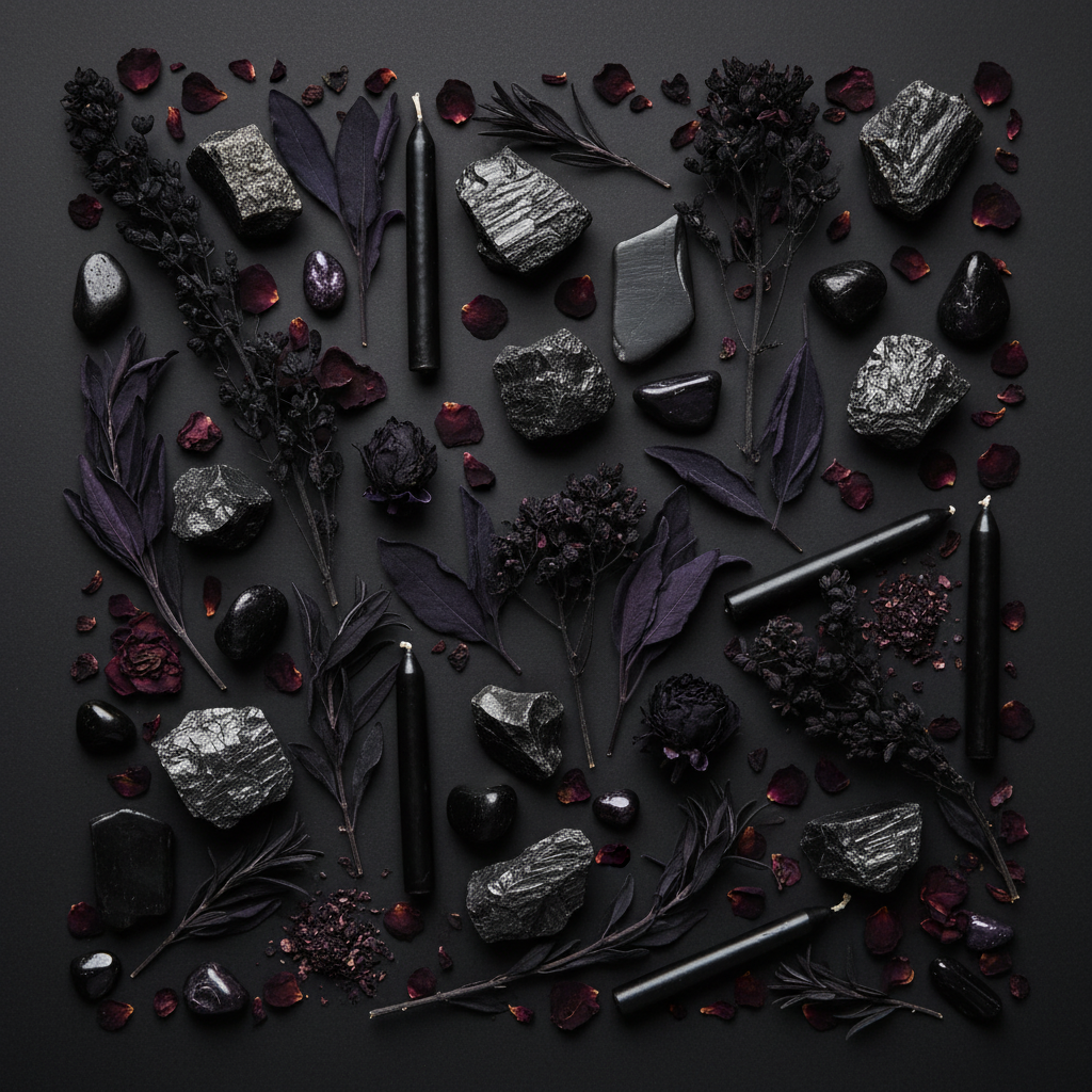 Dark metaphysical flat lay with raw hematite chunks, dark tumbled stones, dark botanicals and black candles on charcoal background