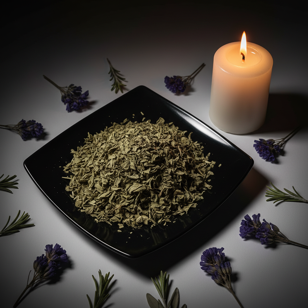 Dried skullcap leaf on black square ceramic plate with candle and purple flowers