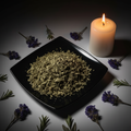 Dried skullcap leaf on black square ceramic plate with candle and purple flowers