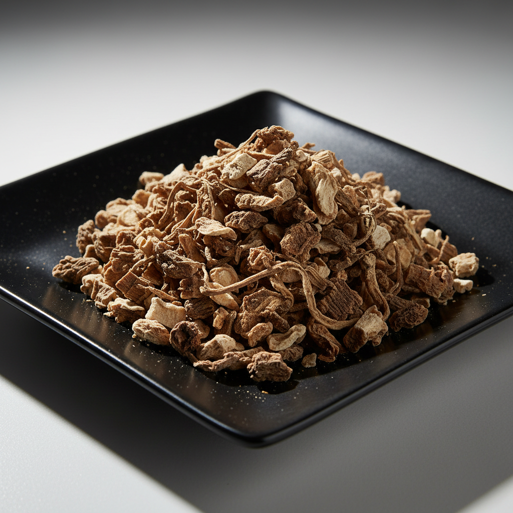 Dried dandelion root on black ceramic plate hero shot