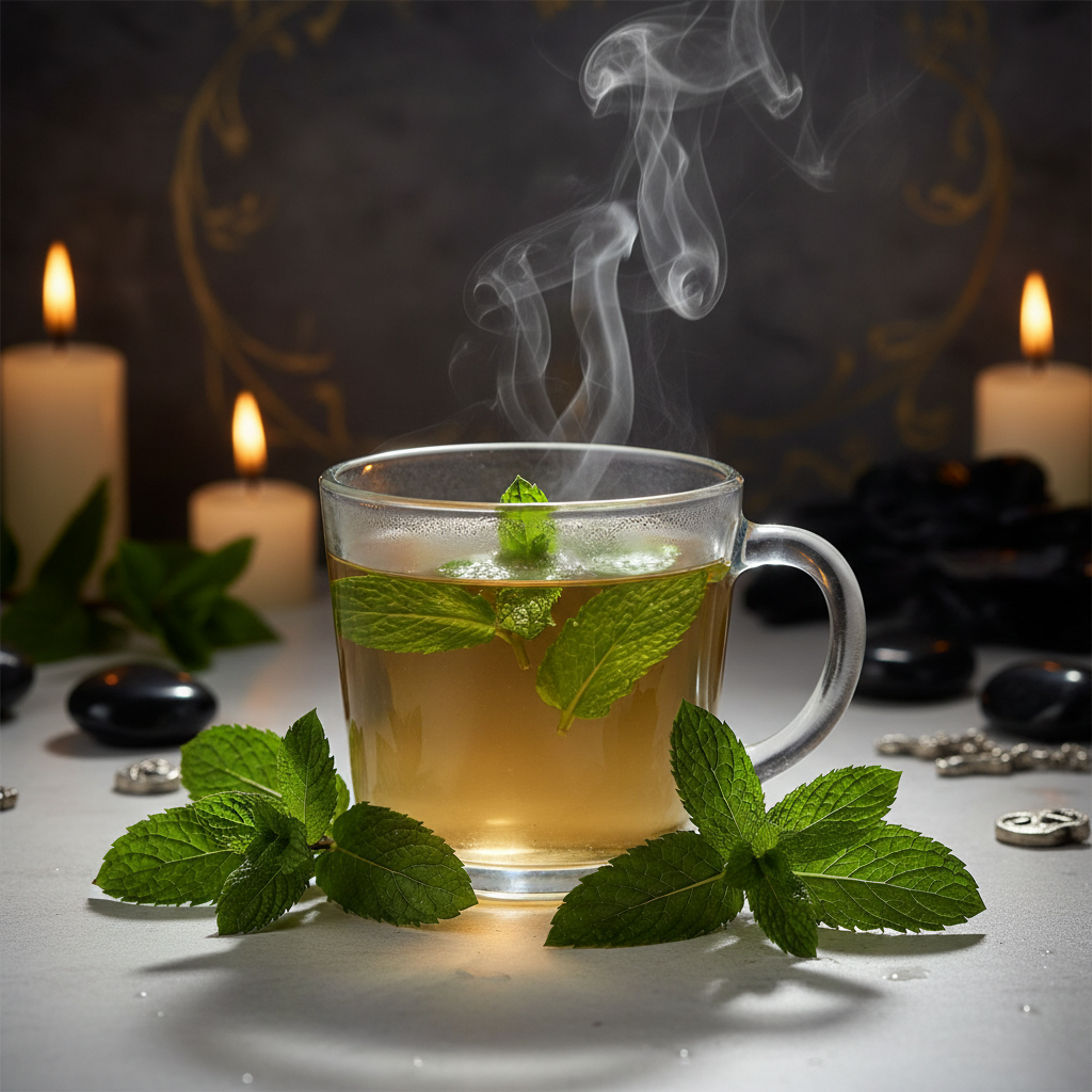 Peppermint herbal tea steaming cup lifestyle shot