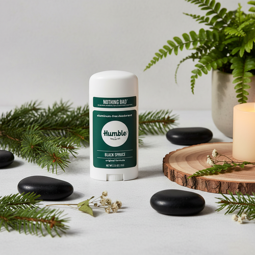 Humble Black Spruce deodorant with pine sprigs, cedar wood slice and botanicals