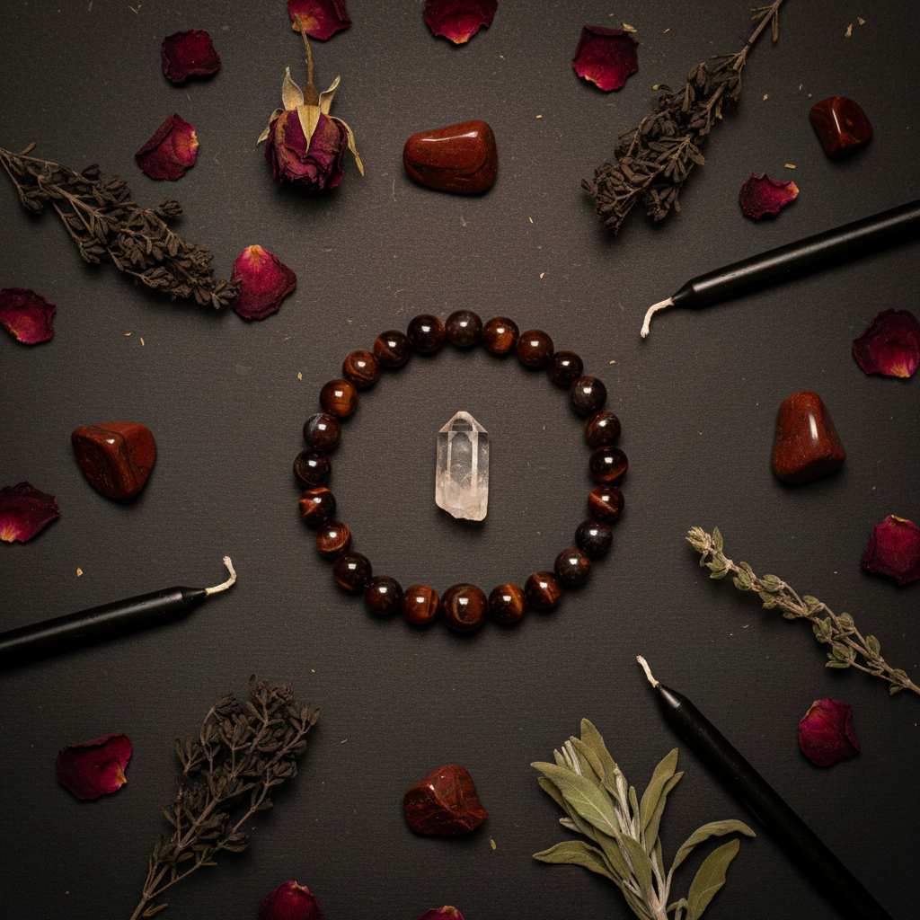Red Tiger's Eye beaded bracelet flat lay with tumbled stones, rose petals and candles on dark background