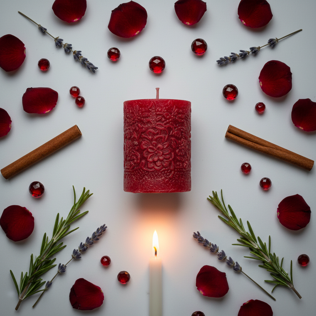 Attraction love spell candle flat lay