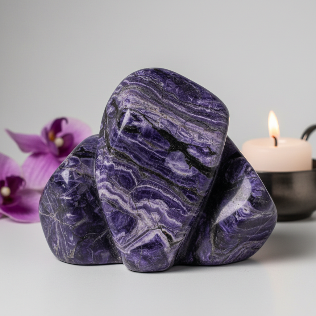 Charoite tumbled stones cluster hero shot