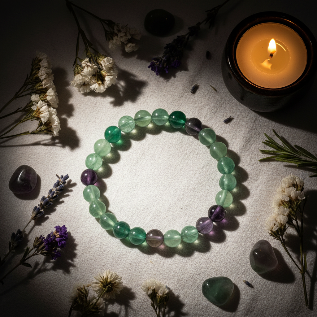 Flat lay of rainbow fluorite bracelet with tumbled stones, white and purple flowers, herbs and candle
