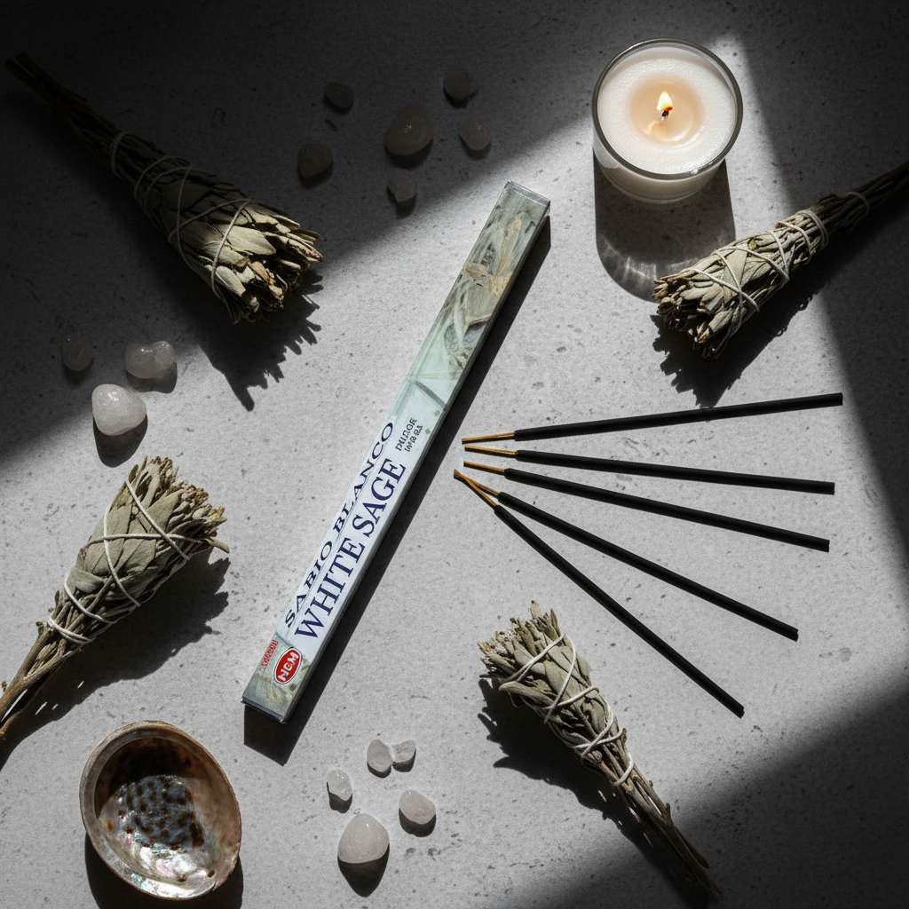 HEM White Sage incense flat lay - long box horizontal with sticks, sage sprigs and crystals