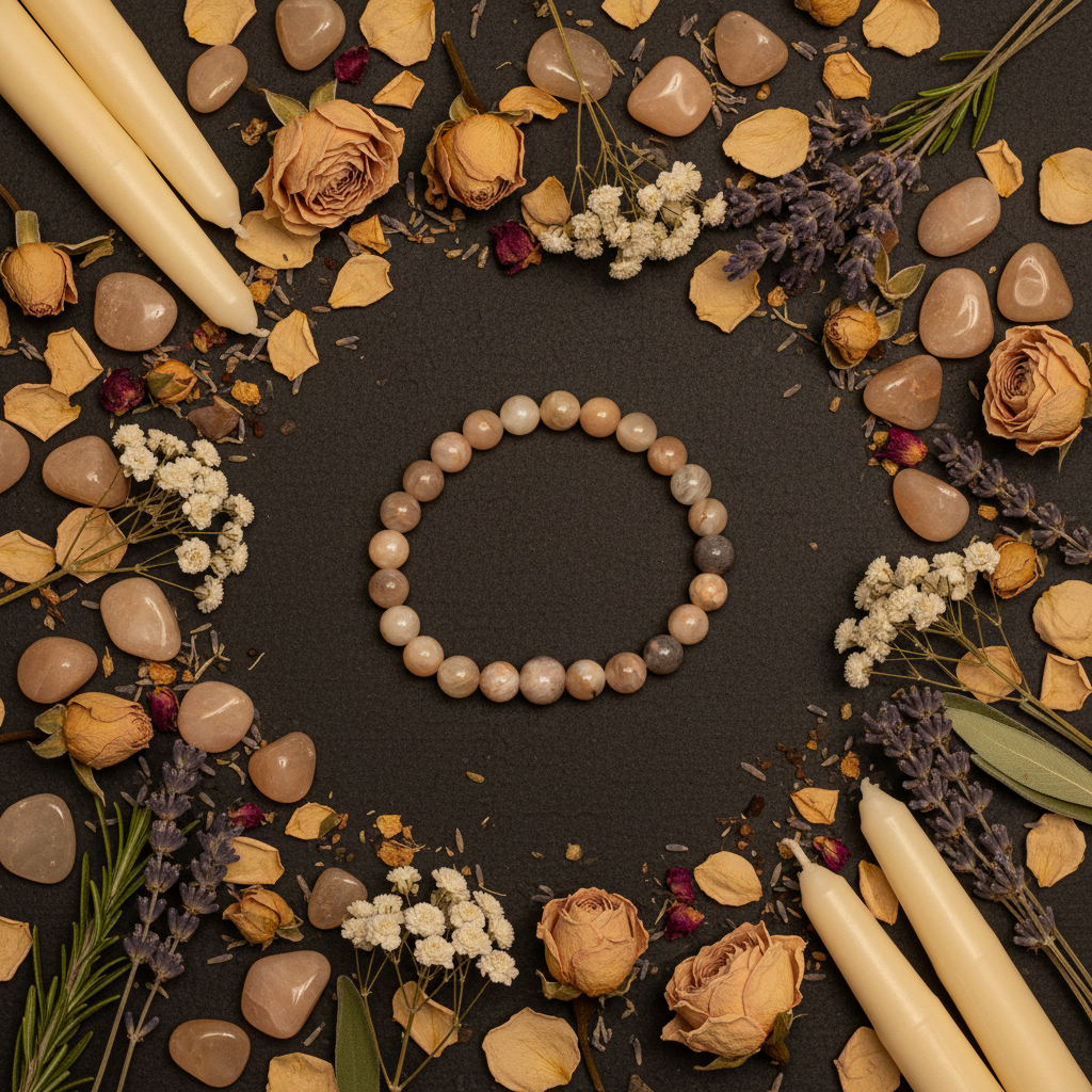 Peach moonstone bracelet flat lay with moonstone tumbles, peach rose petals, white flowers and candles on dark charcoal background