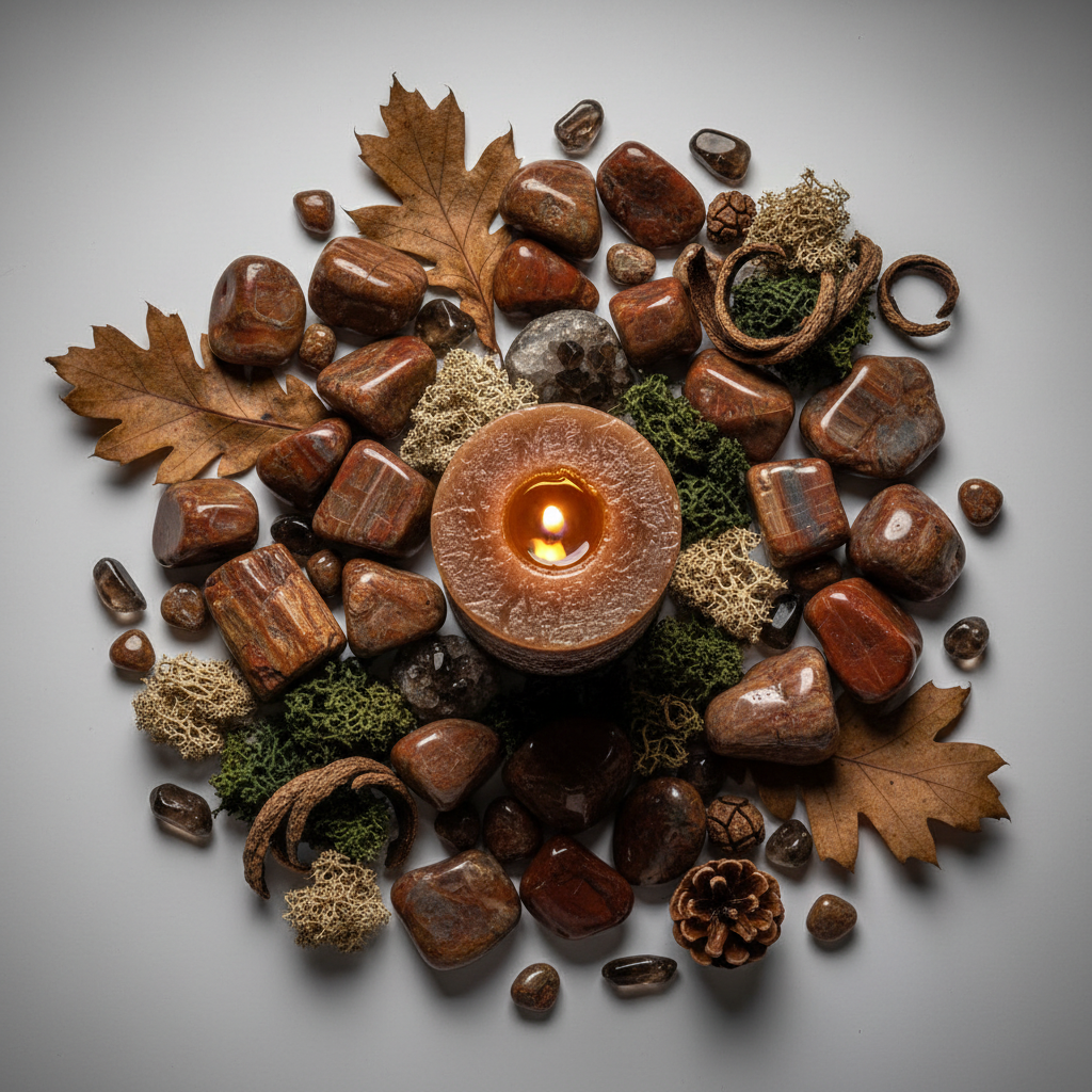 Flat lay of petrified wood tumbled stones with oak leaves, moss, pinecones and candle