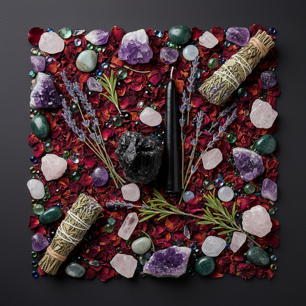 Flat lay of crystals, dried botanicals and herbs on dark background