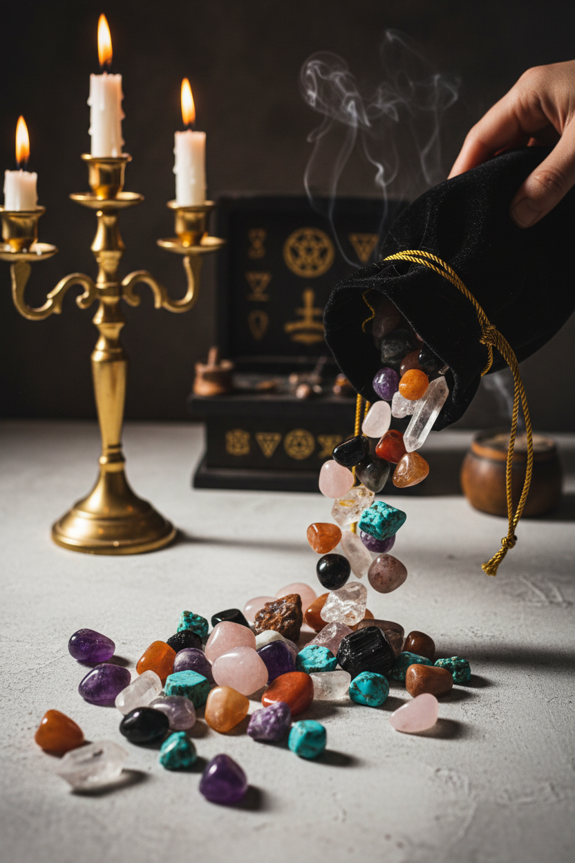 Mystery Crystal Scoop Bag lifestyle shot being opened with crystals spilling out