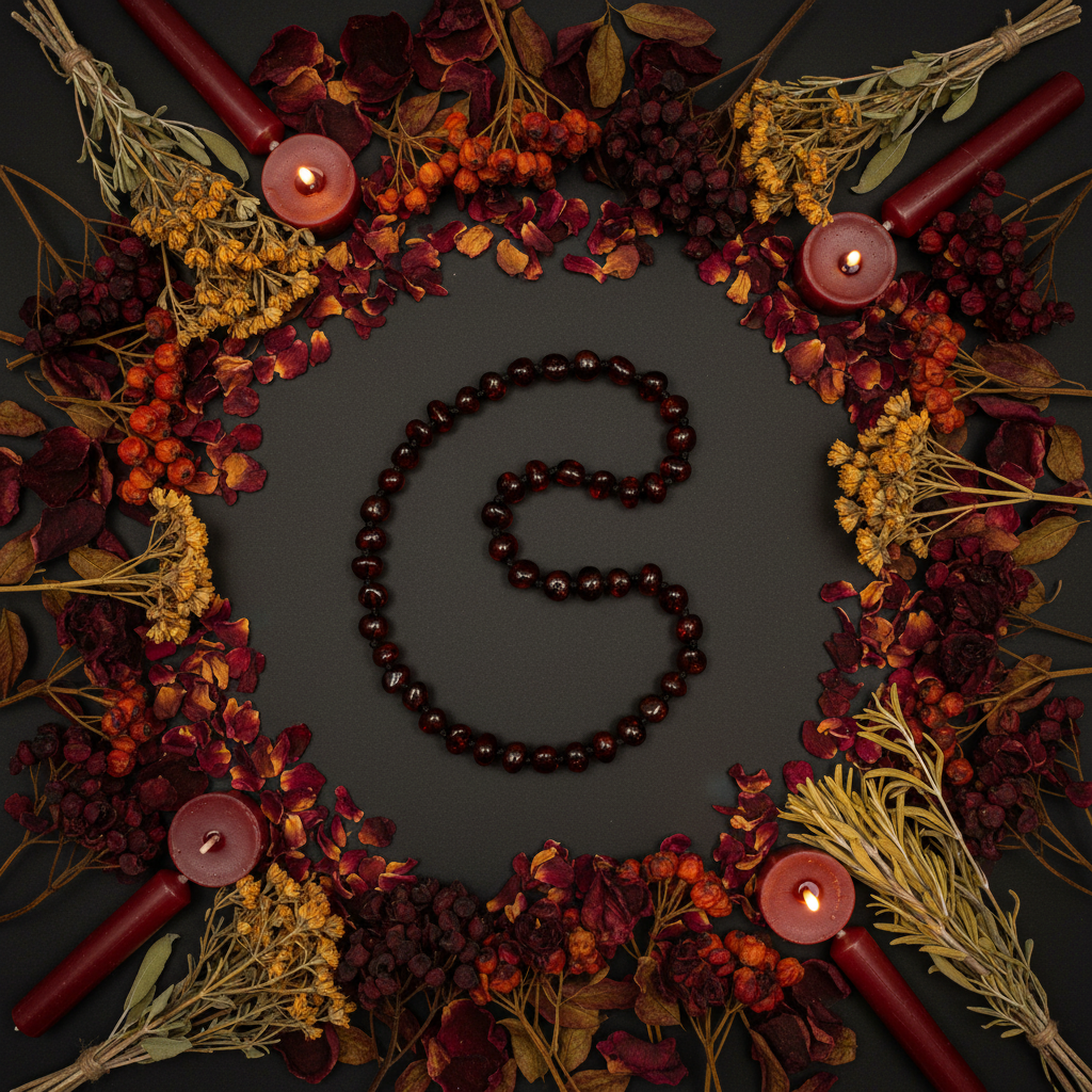 Polished molasses amber necklace flat lay with dark red petals, amber botanicals and dark red candles on dark charcoal background