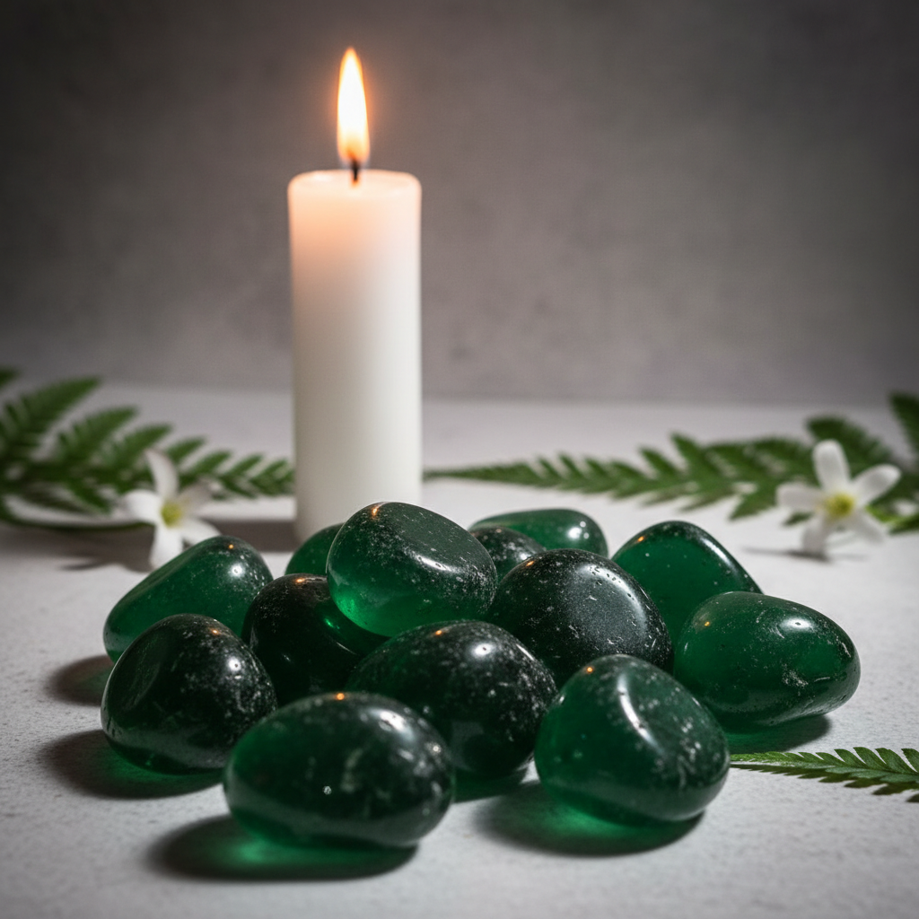 Green Obsidian glass tumbled stones cluster hero shot